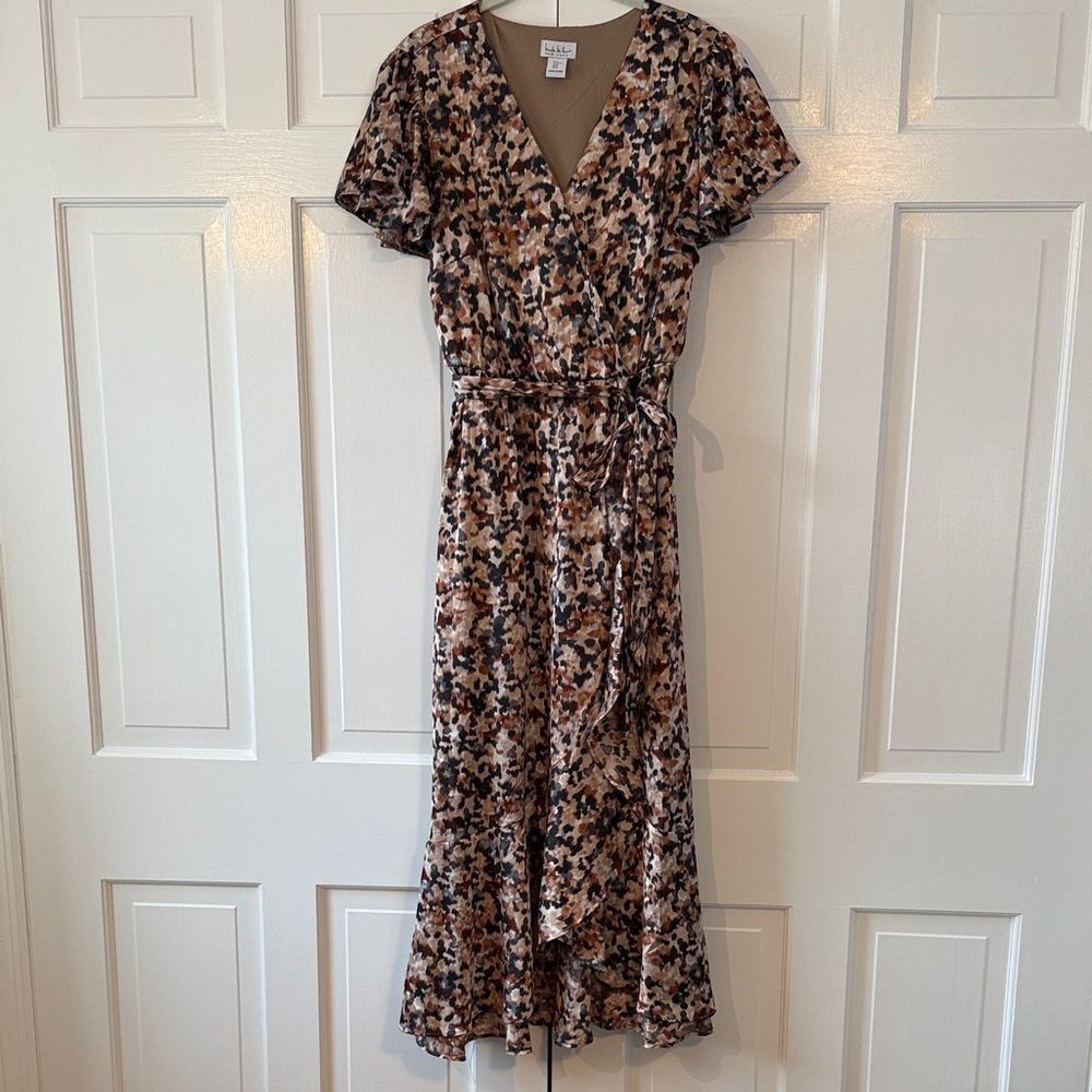 NICOLE MILLER Satin Brown Tan Gray Floral Faux Wrap Midi Maxi Dress Size XL